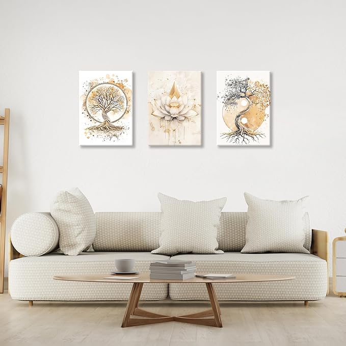 WENGTIAO 3Pcs Tree of Life Canvas Wall Art Prints Zen Lotus Pictures Posters Beige Yin Yang Fall Art Paintings Spiritual Meditation Artwork for Living Room Bedroom Spa Office Home Decor 16x24x3Pcs