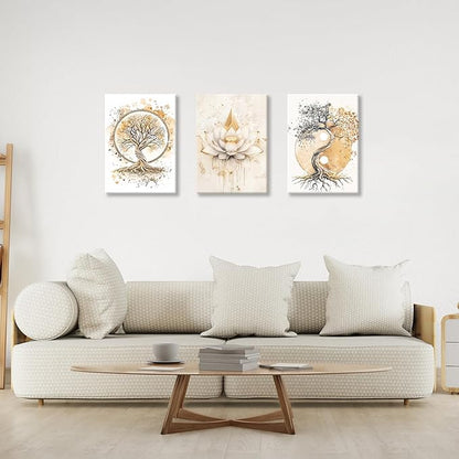 WENGTIAO 3Pcs Tree of Life Canvas Wall Art Prints Zen Lotus Pictures Posters Beige Yin Yang Fall Art Paintings Spiritual Meditation Artwork for Living Room Bedroom Spa Office Home Decor 16x24x3Pcs