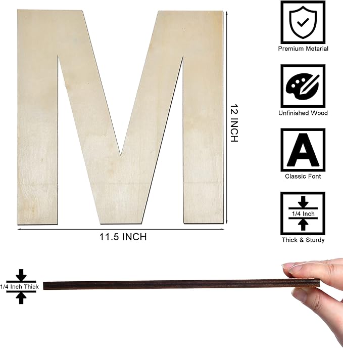 12 Inch Wooden Letter M, 1/4 Inch Thick Large Unfinished Wood Letter for Home Wall Decor, DIY Crafts