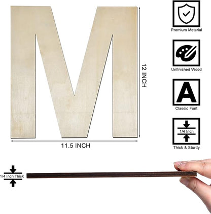 12 Inch Wooden Letter M, 1/4 Inch Thick Large Unfinished Wood Letter for Home Wall Decor, DIY Crafts