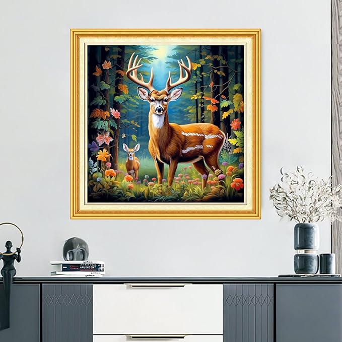 DMCVIVR Stamped Cross Stitch Kits for Beginners Adults Needlepoint Kits for Beginners Embroidery Kits for Adults Crossstitch Kit for Beginners 11CT-Forest Lucky Deer 18x18 inch