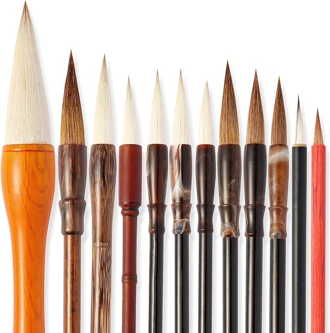 Corciosy 12 Pieces Chinese Calligraphy Brush Set - Premium Painting Writing Watercolor Sumi Brushes Set Kanji Japanese Drawing Art Brushes with Roll-up Brush Holder,Gift for Christams and New Year