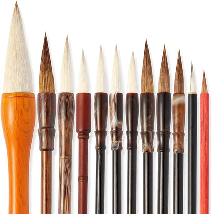 Corciosy 12 Pieces Chinese Calligraphy Brush Set - Premium Painting Writing Watercolor Sumi Brushes Set Kanji Japanese Drawing Art Brushes with Roll-up Brush Holder,Gift for Christams and New Year