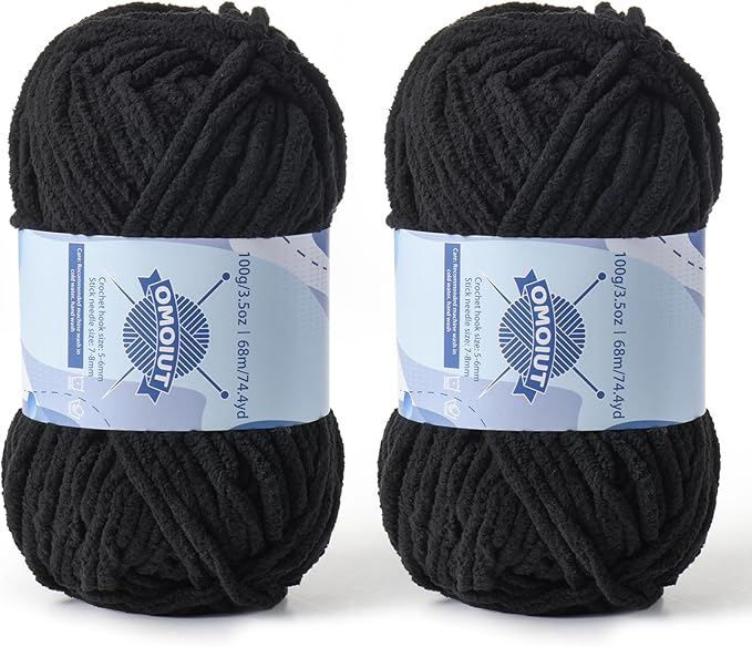 Chunky Chenille Yarn for Crocheting，Baby Yarn for Crocheting Soft Blankets，Bulky Yarns for Crochet Amigurumi，2×100g (2×74.3yds) Fluffy Velvet Yarns for Hand Knitting (2 Black)
