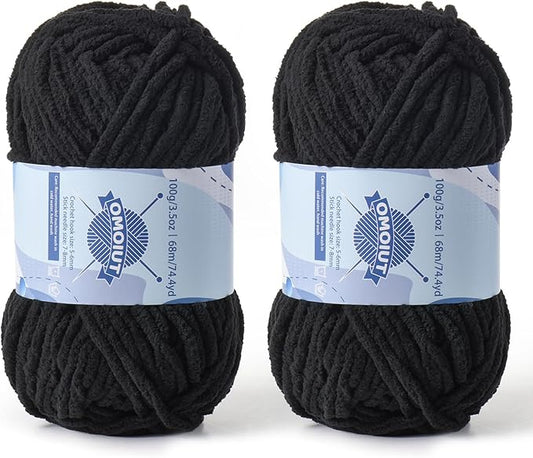 Chunky Chenille Yarn for Crocheting，Baby Yarn for Crocheting Soft Blankets，Bulky Yarns for Crochet Amigurumi，2×100g (2×74.3yds) Fluffy Velvet Yarns for Hand Knitting (2 Black)