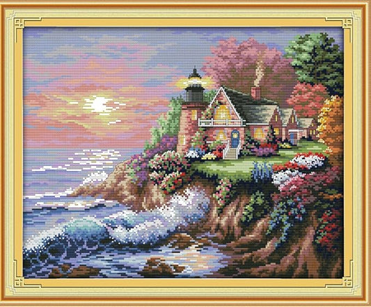 Funcrostitch Counted Cross Stitch Kits for Beginners,14ct Unprinted Pattern Embroidery Kit Dmc Cotton Threads Needleworks for Adults-The Seaside Lighthous 17.3"×14.2"