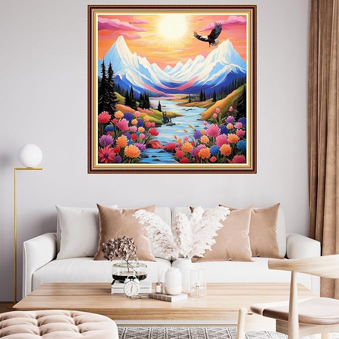 Funart Stamped Cross Stitch Kits for Beginners Full Range of Cross Stitching Preprinted Embroidery Kits for Adults, 11CT Embroidery Pattern Needlepoint Kits-Landscape of Mountains Rivers 18x18 inch