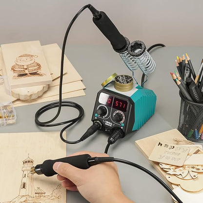 YIHUA 939D-VII Pyrography Tool Wood Burning Pen Kit Station 2-in-1 Solid-Point 200~480°C (with Temp Display)/Wire-Nib 250~750°C with 23 Nibs, 25 Solid Points, 4 Woodpieces
