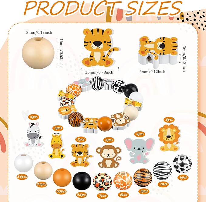 200 Pcs Cute Jungle Animals Wood Beads with Cow Leopard Tiger Giraffe Print Pattern Spacer Loose Beads for Room Party Decor Indoor Tiered Tray Wall Hanging Ornament