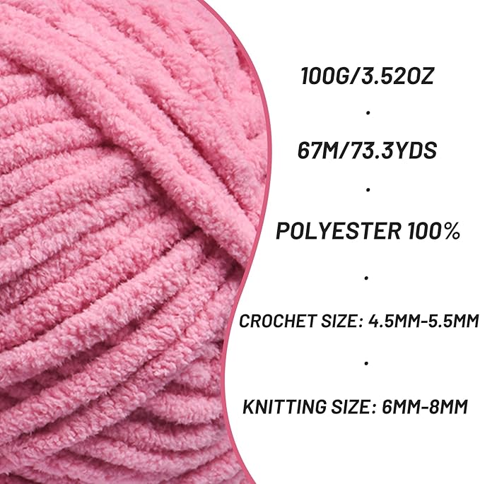 Chunky Chenille Yarn for Crocheting，Baby Yarn for Crocheting Soft Blankets，Bulky Yarns for Crochet Amigurumi，100g (74.3yds) Fluffy Velvet Yarns for Hand Knitting (Deep Pink)