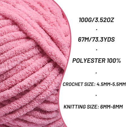 Chunky Chenille Yarn for Crocheting，Baby Yarn for Crocheting Soft Blankets，Bulky Yarns for Crochet Amigurumi，100g (74.3yds) Fluffy Velvet Yarns for Hand Knitting (Deep Pink)