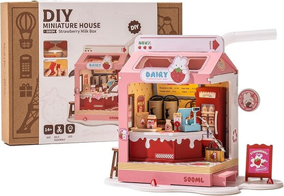 DIY Mini House Building Miniature Kit Milkbox, Miniverse Lifestyle Bookshelf Decoration, Cute Craft Kits for Women or Girls 14+, Kawaii Gifts Hobbies for Crafters (Strawberry Milkbox)