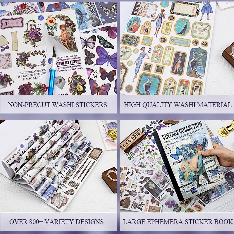 Vintage Washi Sticker Book Ephemera for Junk Journals,800+ Journaling Stickers for Scrapbooking Supplies, Collage, DIY Crafts Arts Decorative 24 Sheets - Image 3