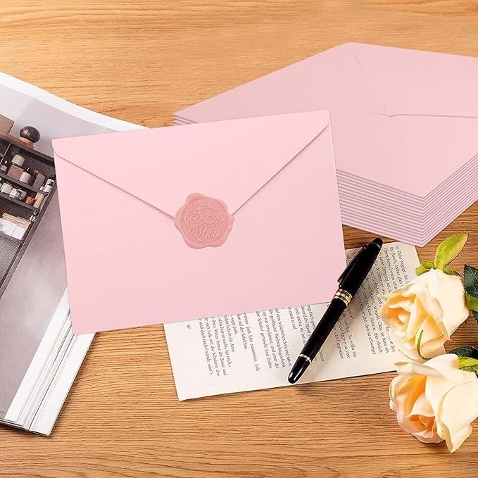 20 Pack Pink Envelopes 5x7 for Invitation, A7 Invitation Envelope with Wax Seal Sticker for Birthday, Weddings, Graduations, Greeting Cards, Baby Shower Invite