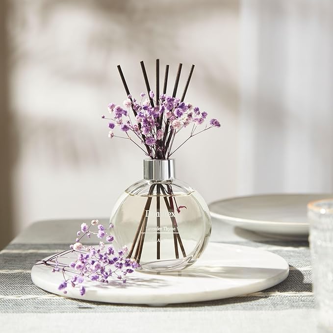 Donurex Flower Reed Diffuser Set 5.07oz Lavender Thyme Scent Diffuser with Sticks Home Fragrance Reed Diffuser for Bathroom Shelf Decor
