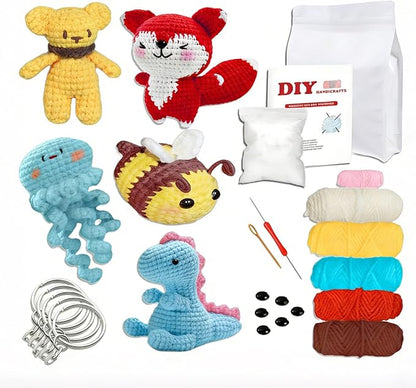 DOOOYU 5pcs Crochet Kit for Beginners Crochet Animals Knitting Kit Supplies Learn to Crochet Beginner Set Kit with Crochet Hooks, Yarn, Step-by-Step Instructions Video (5PCS)