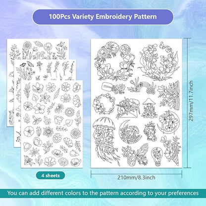 ORIGACH 4 Sheets 105 Pcs Water Soluble Embroidery Patterns Stabilizers - Pre-Printed Floral, Flowering Shrubs & Leaves Designs - Stick & Stitch Embroidery Paper for Hand Sewing Lovers