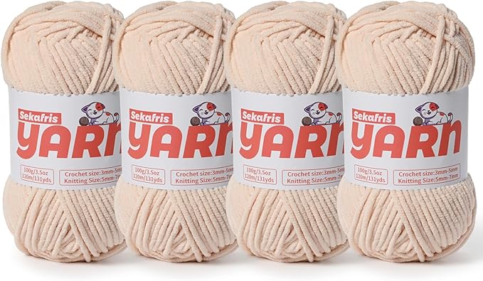 4 Pack Plush Chunky Chenille Yarn for Crocheting, Soft Fluffy Velvet Yarn for Crocheting Amigurumi, Fuzzy Baby Blanket Knitting 400g/524yds Bulky(4 Beige)