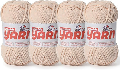 4 Pack Plush Chunky Chenille Yarn for Crocheting, Soft Fluffy Velvet Yarn for Crocheting Amigurumi, Fuzzy Baby Blanket Knitting 400g/524yds Bulky(4 Beige)