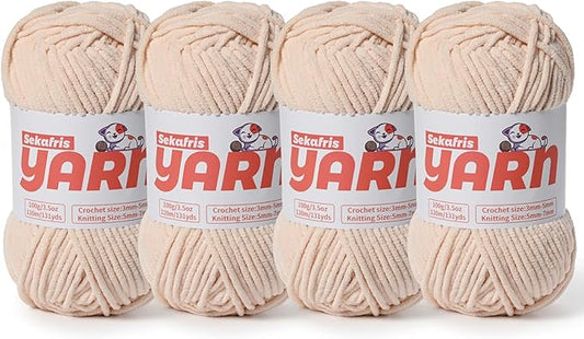4 Pack Plush Chunky Chenille Yarn for Crocheting, Soft Fluffy Velvet Yarn for Crocheting Amigurumi, Fuzzy Baby Blanket Knitting 400g/524yds Bulky(4 Beige)