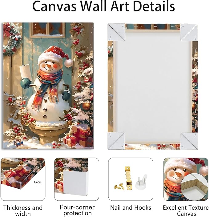 WENGTIAO Funny Christmas Snowman Canvas Wall Art Prints Cute Snowman on Toilet Pictures Posters Winter Scenery Painting Holiday Humor for Bathroom Washroom Xmas Artwork Gifts for Friend Family 16x24in