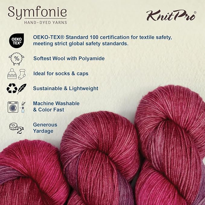 KnitPro Symfonie Hand Dyed Yarn | Extra Fine Merino Wool & Polyamide Blend for Knitting & Crocheting, Fingering Weight, Oeko-TEX Certified 400m, 100g Skein | Terra Variegated Autumn Rose
