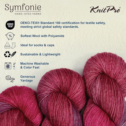 KnitPro Symfonie Hand Dyed Yarn | Extra Fine Merino Wool & Polyamide Blend for Knitting & Crocheting, Fingering Weight, Oeko-TEX Certified 400m, 100g Skein | Terra Variegated Autumn Rose