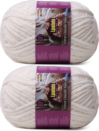 Chunky Chenille Yarn for Crocheting - 2x200g Baby Blanket Yarn for Crocheting Soft - 350 Yards Fluffy Thick Plush Yarns for Knitting Blankets Amigurumi (2, Milk White)