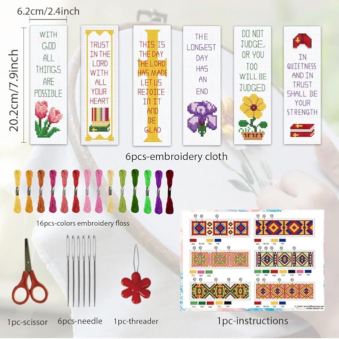 ORIGACH 6 Pcs Cross Stitch Bookmark Kit for Beginner with Backing Felt Floss Instruction Bible Verses Stamped Embroidery Bookmark Kit for Starters Adults Book Lovers