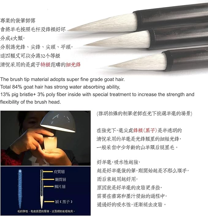 Qi Ming Wen Fang QingYue Zhongkai Chinese Brush, Yang Jian Hao Chinese Calligraphy Brush for Regular Script/KaiShu, Running Script/Xing shu, Cursive/Cao Shu (QingYue 3pcs Set Small+Medium+Large)