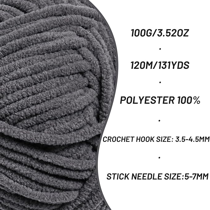 Plush Chunky Chenille Yarn for Crocheting, Soft Fluffy Velvet Yarn for Crocheting, Fuzzy Baby Blanket Knitting Yarns, 100g/131yds Bulky Amigurumi Yarns（Dark Gray）