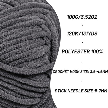2 Pack Plush Chunky Chenille Yarn for Crocheting, Soft Fluffy Velvet Yarn for Crocheting Amigurumi, Fuzzy Baby Blanket Knitting 200g/262yds Bulky(2 Dark Gray)