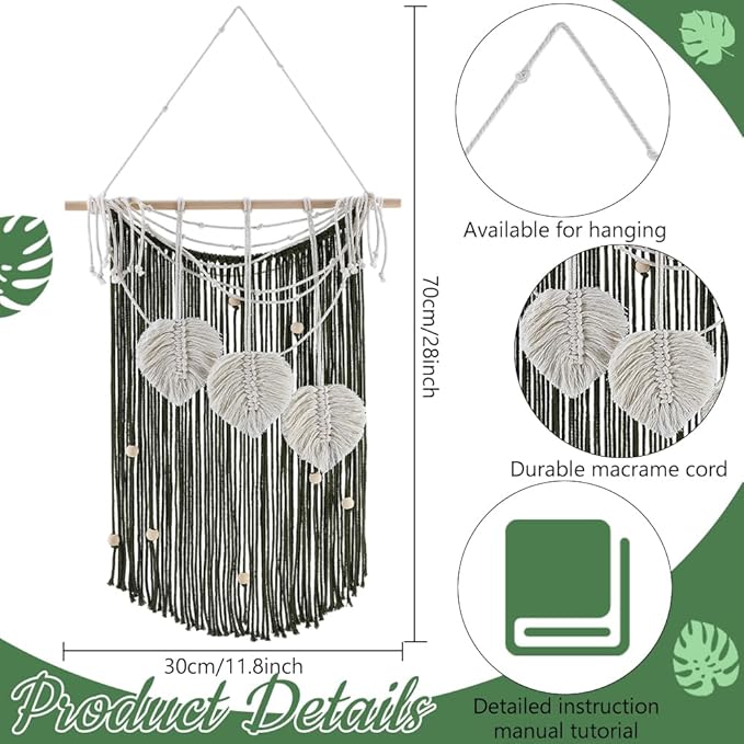 FREEBLOSS DIY Macrame Leaf Wall Hanging Beginners Macrame Kit Leaf Woven Tapestry Feather Wall Hanging DIY Macrame Kit for Adults Birthday Gift (Green Tassels)