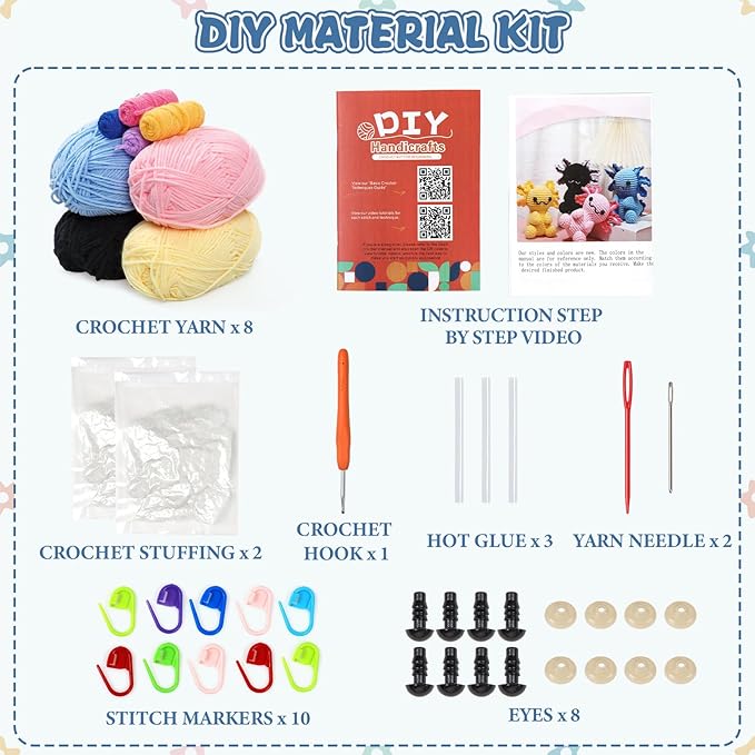 Weldomcor Crochet Kit for Beginners, Amigurumi Crocheting Animals Kits for Adults with Step-by-Step Video Tutorials Knitting Yarn Hooks DIY Crafts Starter Supplies Gifts Set (4 Pcs Mini Axolotls)