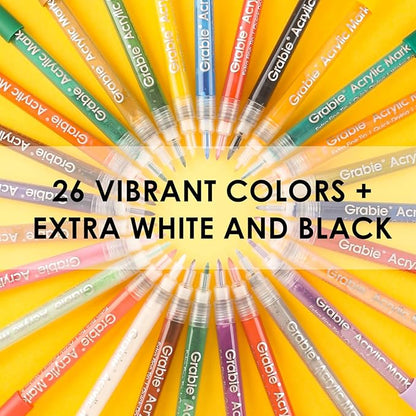 Grabie Acrylic Paint Pens Markers, 28 Colors, 0.7 mm, Extra Fine Tip Drawing Markers, Premium Paint Pens for Painting on Various Surface, Art Supplies, Set of 28