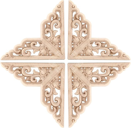 4PCS Corner Wooden Carving Decal Unpainted Wood Appliques Onlays DIY Wood Carved Furniture Appliques Onlays for Wall Bed Door Wardrobe Cabinet Furniture Decoration(04,6x6cm/2.36x2.36inch)