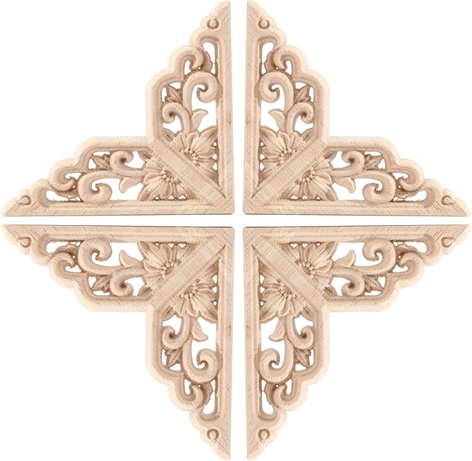 4PCS Corner Wooden Carving Decal Unpainted Wood Appliques Onlays DIY Wood Carved Furniture Appliques Onlays for Wall Bed Door Wardrobe Cabinet Furniture Decoration(04,10x10cm/3.94x3.94inch)