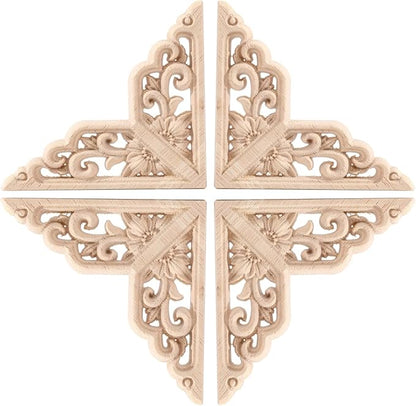 4PCS Corner Wooden Carving Decal Unpainted Wood Appliques Onlays DIY Wood Carved Furniture Appliques Onlays for Wall Bed Door Wardrobe Cabinet Furniture Decoration(04,15x15cm/5.91x5.91inch)