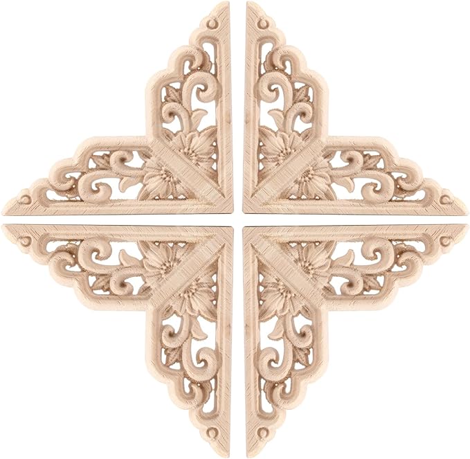 4PCS Corner Wooden Carving Decal Unpainted Wood Appliques Onlays DIY Wood Carved Furniture Appliques Onlays for Wall Bed Door Wardrobe Cabinet Furniture Decoration(04,20x20cm/7.87x7.87inch)