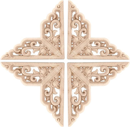 4PCS Corner Wooden Carving Decal Unpainted Wood Appliques Onlays DIY Wood Carved Furniture Appliques Onlays for Wall Bed Door Wardrobe Cabinet Furniture Decoration(04,20x20cm/7.87x7.87inch)