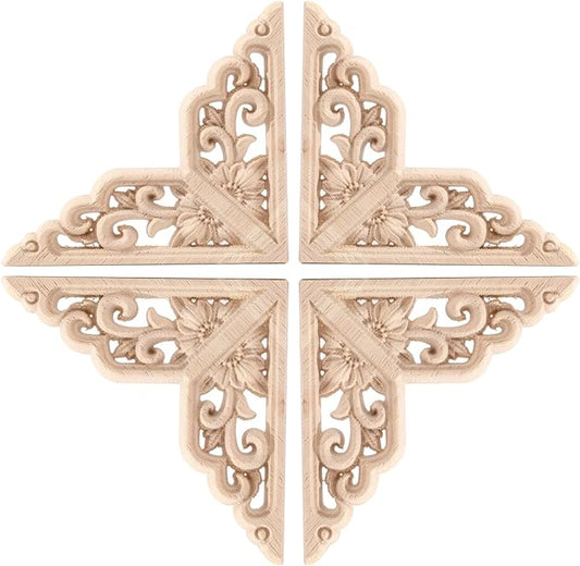 4PCS Corner Wooden Carving Decal Unpainted Wood Appliques Onlays DIY Wood Carved Furniture Appliques Onlays for Wall Bed Door Wardrobe Cabinet Furniture Decoration(04,20x20cm/7.87x7.87inch)