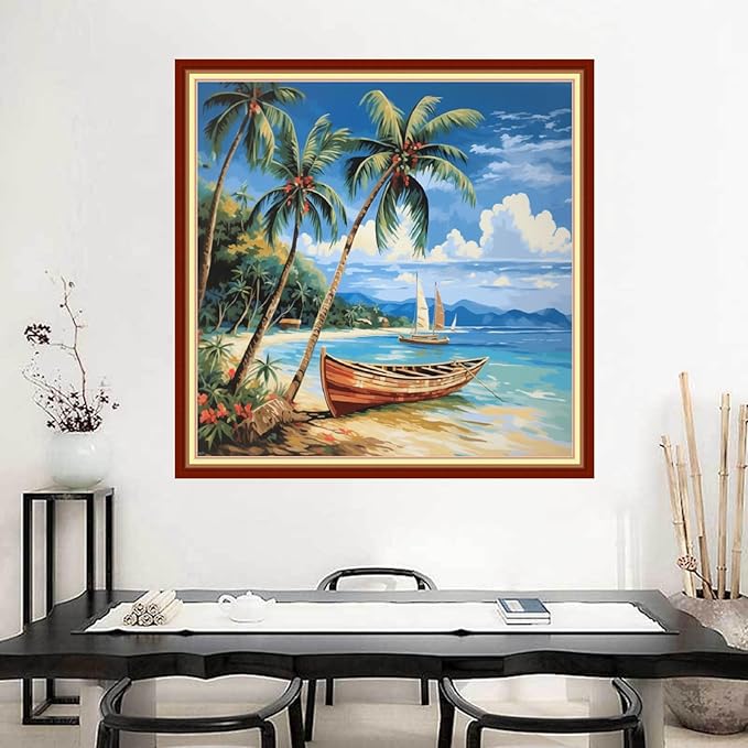 Joyhoor Stamped Cross Stitch Kits for Beginners Needlepoint Kits for Adults Embroidery Kits 11CT Counted Cross Stitch Kits Printed Embroidery Pattern-Seaside Boat 18x18 inchs