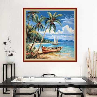 Joyhoor Stamped Cross Stitch Kits for Beginners Needlepoint Kits for Adults Embroidery Kits 11CT Counted Cross Stitch Kits Printed Embroidery Pattern-Seaside Boat 18x18 inchs