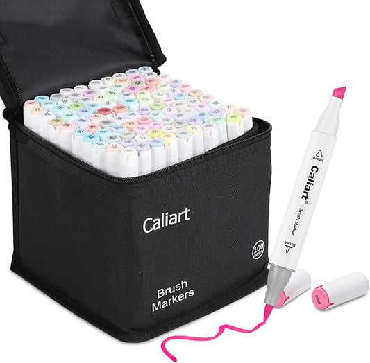 Caliart Pastel Alcohol Markers Brush Tip, 100 Colors Dual Tip Coloring Marker Pen Set Brush & Chisel, Art Supplies Gift for Adults Coloring Book Artists Sketch Drawing Illustration