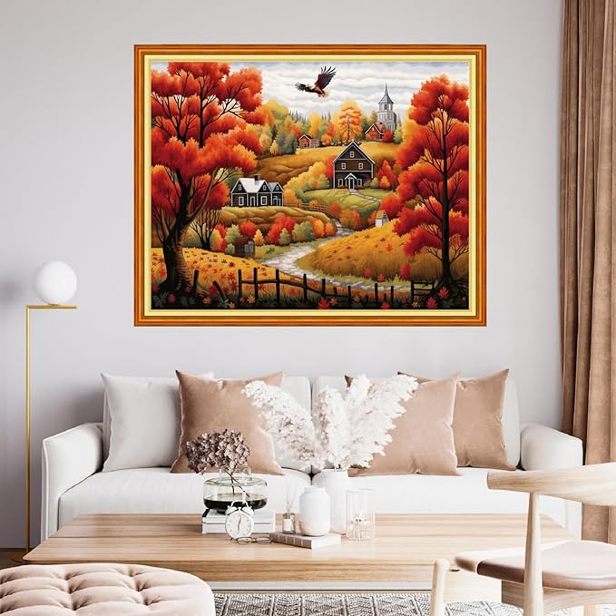 Findvoor Stamped Cross Stitch Kits for Beginner Embroidery Kits for Beginners Adults DIY 11CT Cross Stitch Patterns Needlepoint Kits Crossstitching Kits-Golden Autumn Home 16x20 inch