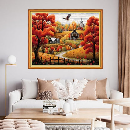 Findvoor Stamped Cross Stitch Kits for Beginner Embroidery Kits for Beginners Adults DIY 11CT Cross Stitch Patterns Needlepoint Kits Crossstitching Kits-Golden Autumn Home 16x20 inch