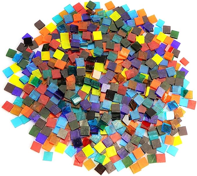 Lanyani Transparent Square Glass Mosaic Tiles Pieces Stained Glass for Crafts, Mixed Colors and Patterns, 500g/1.1lb