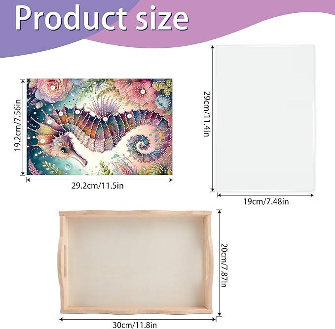 JISHSHAY Diamond Art Serving Tray Diamond Painting Food Tray Gem Art Serving Platter Gem Painting Mosaic Kits for Adults DIY Kits for Adults, with Wood Handle 20×30cm/7.87×11.81in, Sea Horse