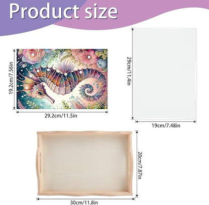 JISHSHAY Diamond Art Serving Tray Diamond Painting Food Tray Gem Art Serving Platter Gem Painting Mosaic Kits for Adults DIY Kits for Adults, with Wood Handle 20×30cm/7.87×11.81in, Sea Horse