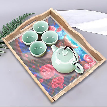 FGbaby DIY 5D Flowers Owl Diamond Painting Wood Serving Tray with Handles Diamond Art Decorative Serving Trays Wooden Tray for Breakfast in Bed, Patio, BBQ, Coffee Table, Party –Great for Lap & Couch
